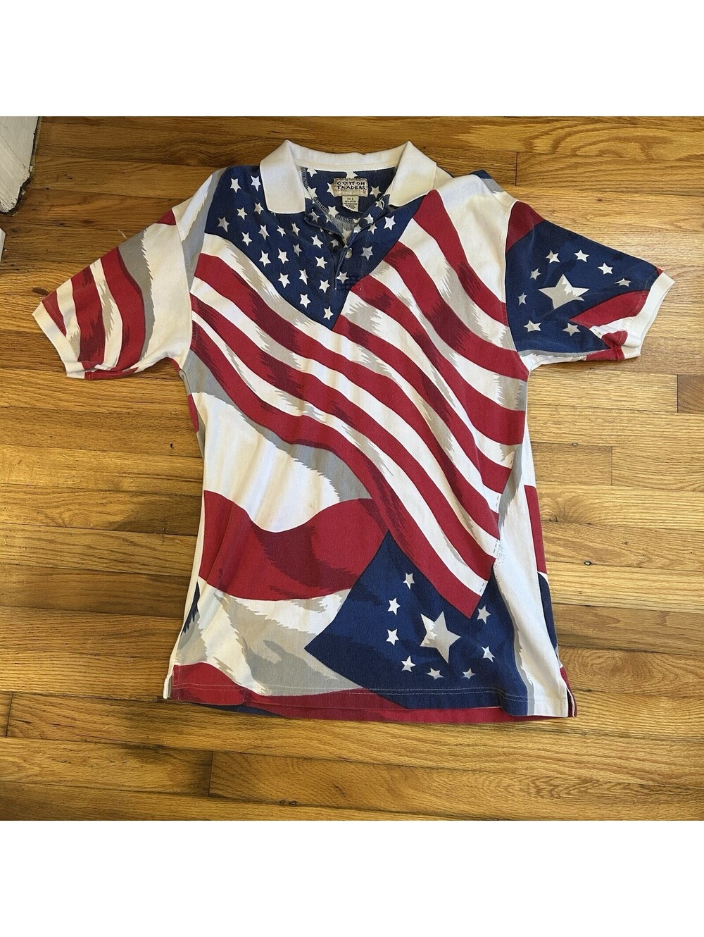 Vintage Cotton Traders Polo Shirt USA Flag Dad Shirt Men’s L Patriotic ‘merica